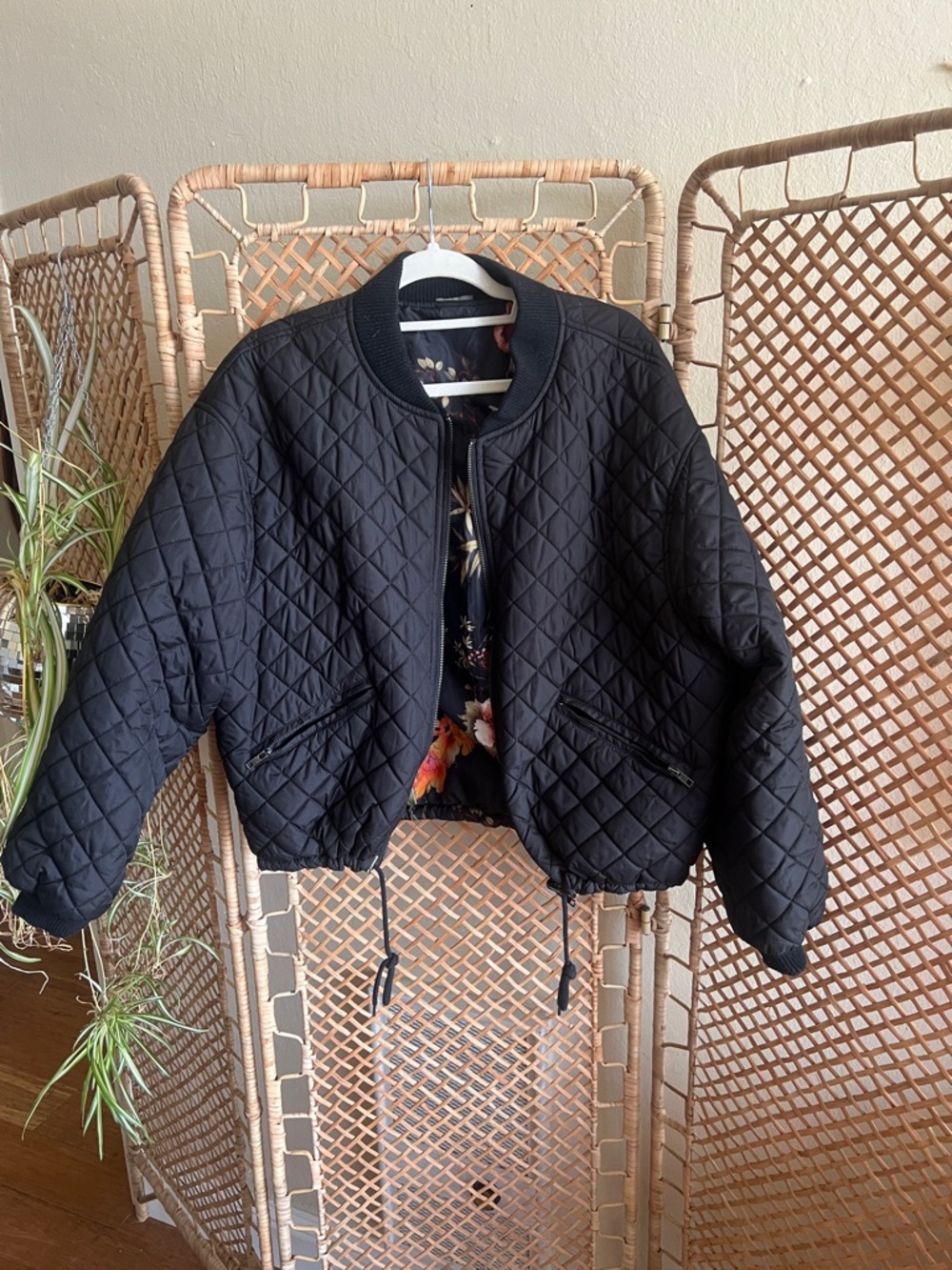 Reversible Bomber Jacket black quilted & floral- Women's